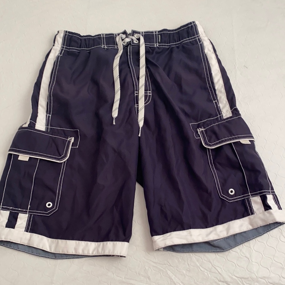Joe Boxer navy blue white lined swim trunks S